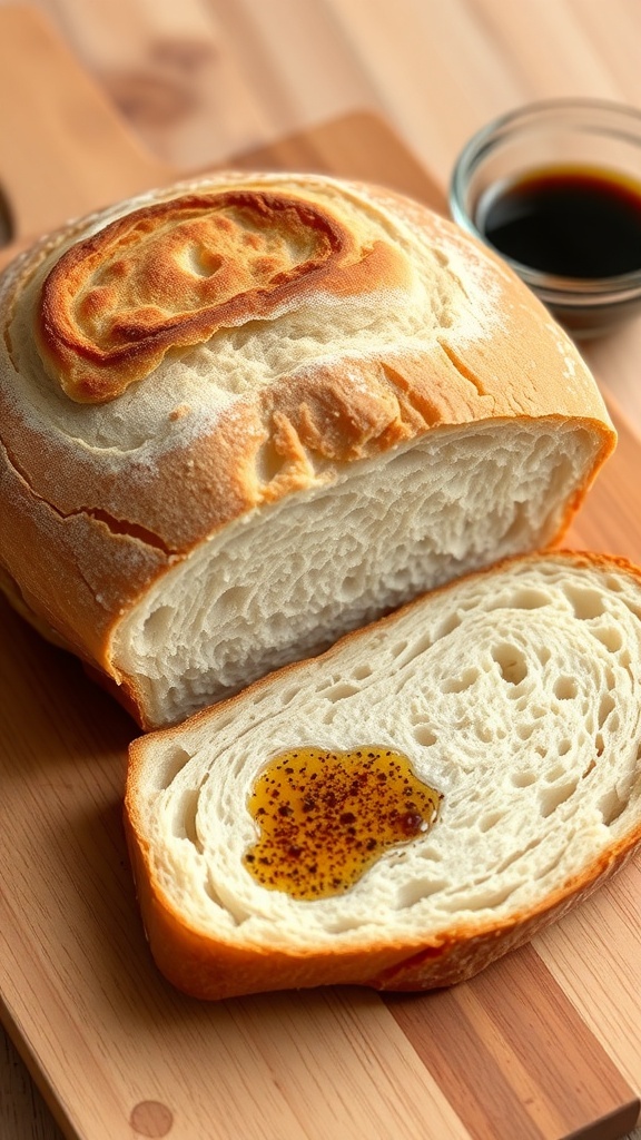 A golden-brown sourdough bread loaf on a wooden board, with slices cut to show the airy interior.